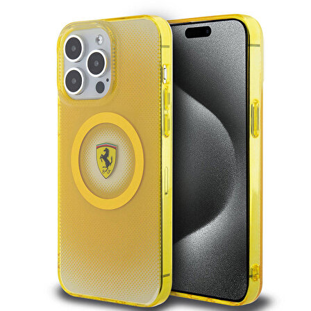 iPhone 15 Pro Max Kılıf Ferrari Orjinal Lisanslı Magsafe Şarjlı Parçalanan Noktalar Desenli Sarı