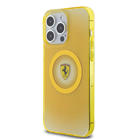 iPhone 15 Pro Max Kılıf Ferrari Orjinal Lisanslı Magsafe Şarjlı Parçalanan Noktalar Desenli Sarı