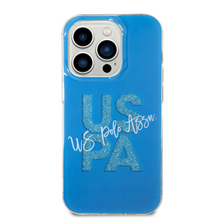 iPhone 15 Pro Kılıf U.S. Polo Assn. Orjinal Lisanslı Simli Parlak Alfabe Tasarım Kapak Mavi