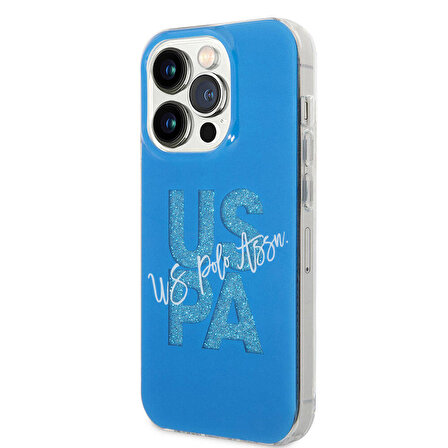 iPhone 15 Pro Max Kılıf U.S. Polo Assn. Orjinal Lisanslı Simli Parlak Alfabe Tasarım Kapak Mavi