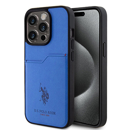 iPhone 15 Pro Kılıf U.S. Polo Assn. Orjinal Lisanslı Baskı Logolu PU Kartlıklı Kapak Mavi
