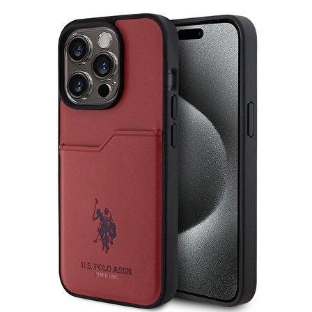 iPhone 15 Pro Kılıf U.S. Polo Assn. Orjinal Lisanslı Baskı Logolu PU Kartlıklı Kapak Kırmızı