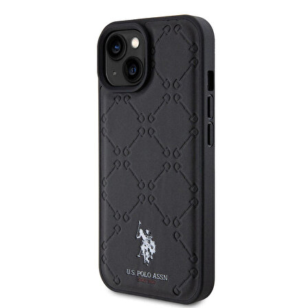iPhone 15 Kılıf U.S. Polo Assn. Orjinal Lisanslı HS Desenli Baskı Logolu Suni Deri Kapak Siyah