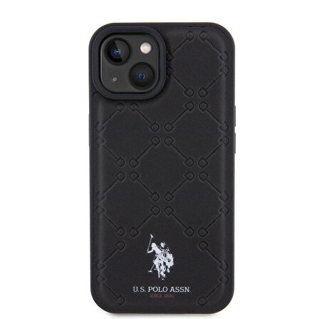 iPhone 15 Kılıf U.S. Polo Assn. Orjinal Lisanslı HS Desenli Baskı Logolu Suni Deri Kapak Siyah