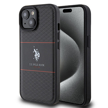 iPhone 15 Kılıf U.S. Polo Assn. Orjinal Lisanslı Deri Şeritli Logo Dizayn Kapak Siyah