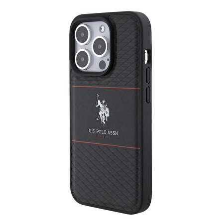 iPhone 15 Pro Kılıf U.S. Polo Assn. Orjinal Lisanslı Deri Şeritli Logo Dizayn Kapak Siyah