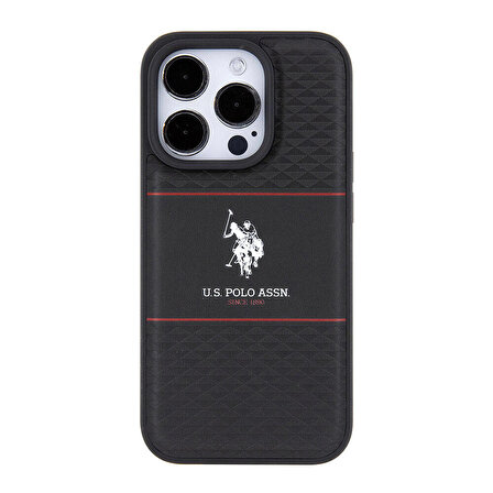 iPhone 15 Pro Kılıf U.S. Polo Assn. Orjinal Lisanslı Deri Şeritli Logo Dizayn Kapak Siyah