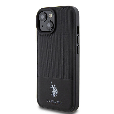 iPhone 15 Kılıf U.S. Polo Assn. Orjinal Lisanslı Suni Deri Baskı Logolu Örgü Desenli Siyah