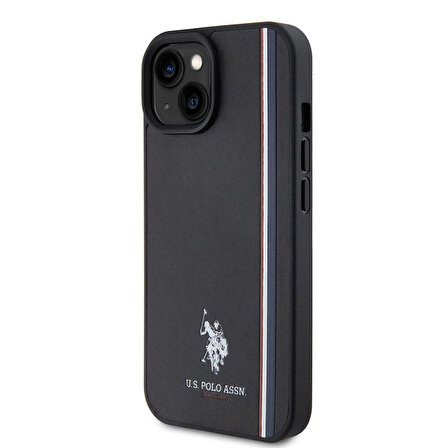 iPhone 15 Kılıf U.S. Polo Assn. Orjinal Lisanslı Üç Renk Şerit Tasarımlı Baskı Logolu Kapak Siyah