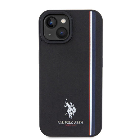 iPhone 15 Kılıf U.S. Polo Assn. Orjinal Lisanslı Üç Renk Şerit Tasarımlı Baskı Logolu Kapak Siyah