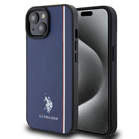 iPhone 15 Kılıf U.S. Polo Assn. Orjinal Lisanslı Üç Renk Şerit Tasarımlı Baskı Logolu Kapak Lacivert
