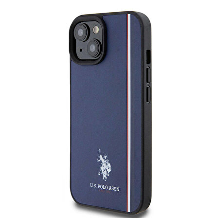 iPhone 15 Kılıf U.S. Polo Assn. Orjinal Lisanslı Üç Renk Şerit Tasarımlı Baskı Logolu Kapak Lacivert