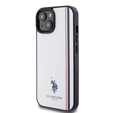 iPhone 15 Kılıf U.S. Polo Assn. Orjinal Lisanslı Üç Renk Şerit Tasarımlı Baskı Logolu Kapak Beyaz