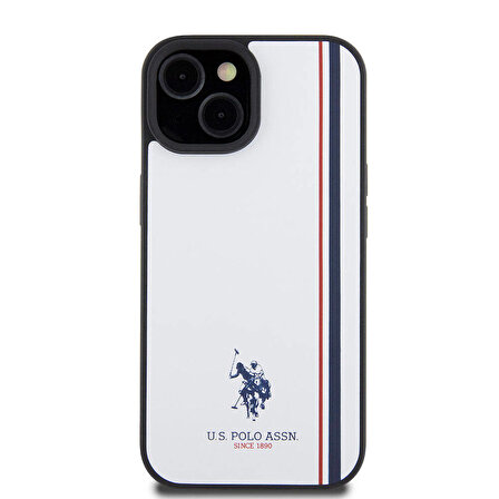iPhone 15 Kılıf U.S. Polo Assn. Orjinal Lisanslı Üç Renk Şerit Tasarımlı Baskı Logolu Kapak Beyaz