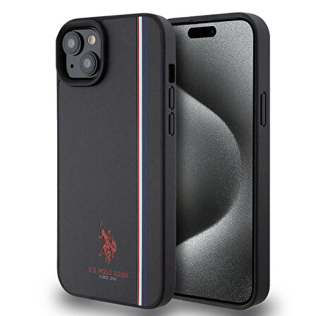 iPhone 15 Plus Kılıf U.S. Polo Assn. Orjinal Lisanslı Üç Renk Şerit Tasarımlı Baskı Logolu Siyah