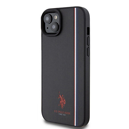 iPhone 15 Plus Kılıf U.S. Polo Assn. Orjinal Lisanslı Üç Renk Şerit Tasarımlı Baskı Logolu Siyah