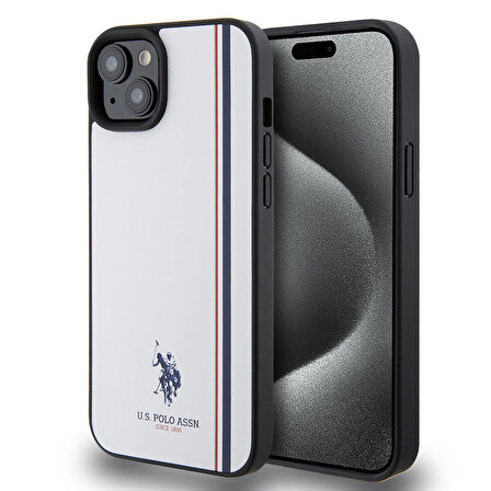 iPhone 15 Plus Kılıf U.S. Polo Assn. Orjinal Lisanslı Üç Renk Şerit Tasarımlı Baskı Logolu Beyaz