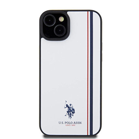 iPhone 15 Plus Kılıf U.S. Polo Assn. Orjinal Lisanslı Üç Renk Şerit Tasarımlı Baskı Logolu Beyaz