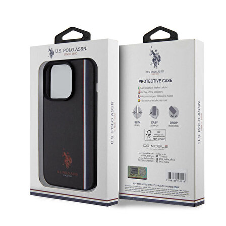 iPhone 15 Pro Kılıf U.S. Polo Assn. Orjinal Lisanslı Üç Renk Şerit Tasarımlı Baskı Logolu Siyah