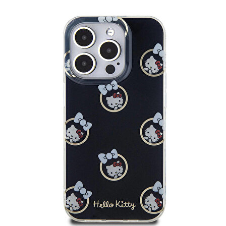 iPhone 15 Pro Kılıf Hello Kitty Orjinal Lisanslı Elektroplating Kaplama Kabarcık Baskılı Kapak Siyah