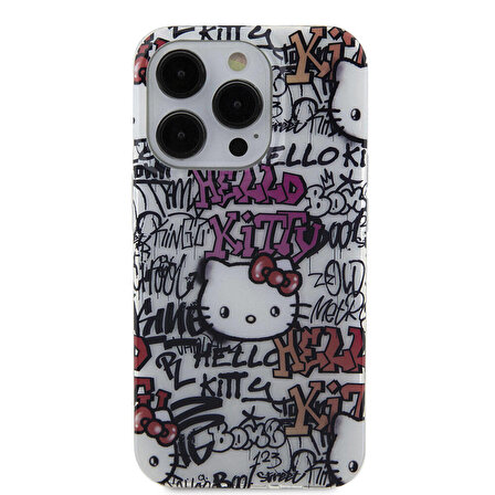 iPhone 15 Pro Kılıf Hello Kitty Orjinal Lisanslı İkonik Logolu Etiket Graffiti Kapak Beyaz
