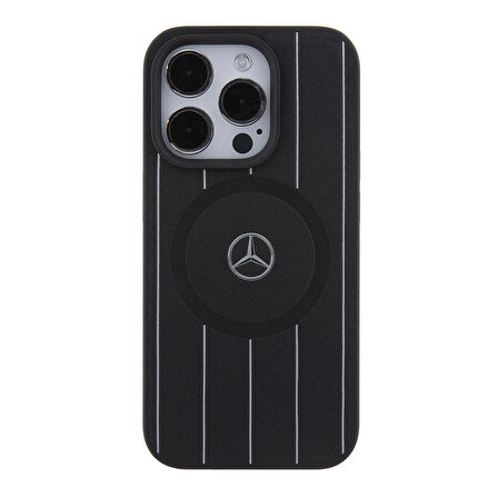 iPhone 15 Pro Kılıf Mercedes Benz Orjinal Lisanslı Magsafe Şarjlı Baskı Logolu Deri Siyah