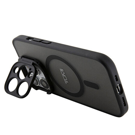 iPhone 15 Pro Kılıf TUMI Orjinal Lisanslı Magsafe Şarj Özellikli Kamera Standlı Buzlu Mat Siyah