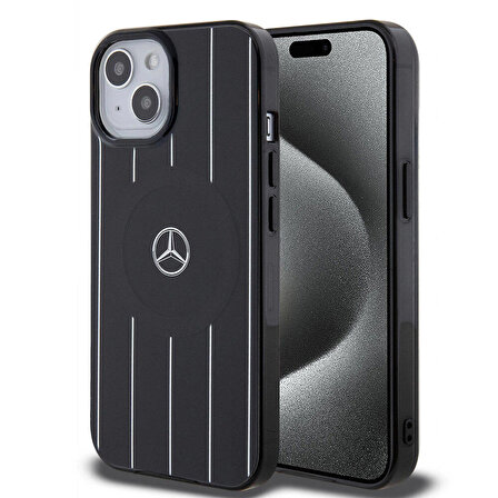 iPhone 15 Kılıf Mercedes Benz Orjinal Lisanslı Magsafe Şarjlı Paralel Çizgi Desenli Siyah