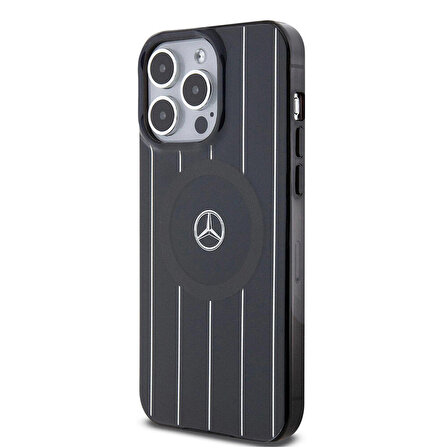 iPhone 15 Pro Max Kılıf Mercedes Benz Orjinal Lisanslı Magsafe Şarjlı Paralel Çizgi Desenli Siyah