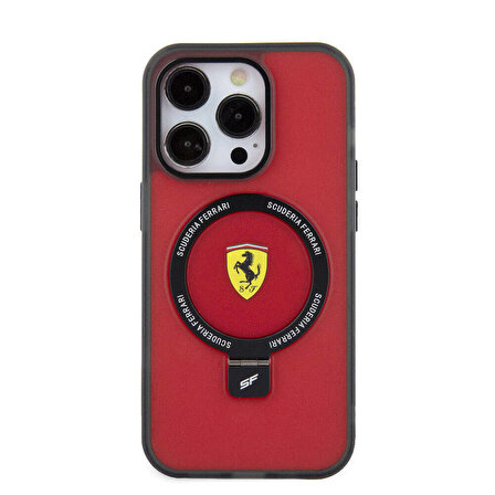 iPhone 15 Pro Uyumlu Kılıf Ferrari Magsafe Şarj Özellikli Standlı Buzlu Yüzey Dizayn Kapak Kırmızı