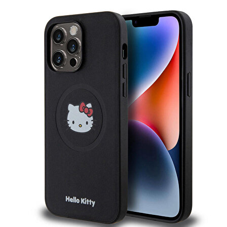 iPhone 15 Pro Max Uyumlu Kılıf Hello Kitty Orjinal Lisanslı Magsafe Özellikli Kitty Head Deri Siyah