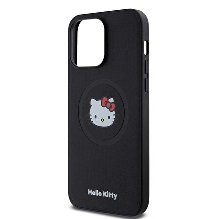 iPhone 15 Pro Max Uyumlu Kılıf Hello Kitty Orjinal Lisanslı Magsafe Özellikli Kitty Head Deri Siyah