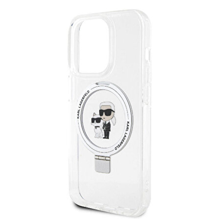 iPhone 15 Pro Kılıf Karl Lagerfeld Orj Lisans Magsafe Özellik K&C İkonik Baskılı Ring Standlı Beyaz