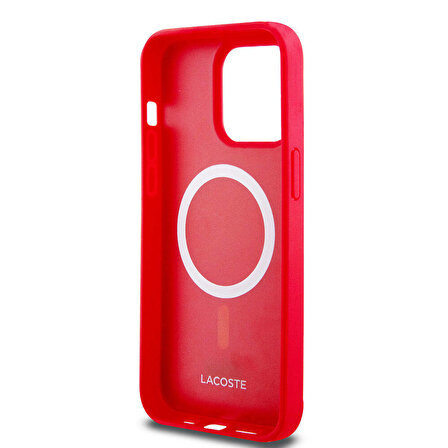 iPhone 15 Pro Max Kılıf Lacoste Orjinal Lisanslı PU Pike Desenli İkonik Timsah Dokuma Logo Kırmızı