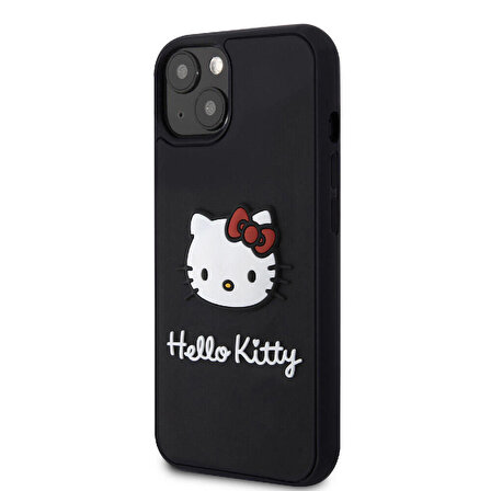 iPhone 15 Kılıf Hello Kitty Orjinal Lisanslı Yazı ve İkonik Logolu 3D Rubber Kitty Head Kapak Siyah