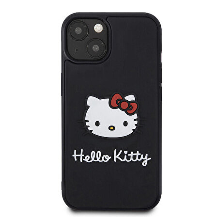 iPhone 15 Kılıf Hello Kitty Orjinal Lisanslı Yazı ve İkonik Logolu 3D Rubber Kitty Head Kapak Siyah