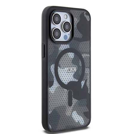 iPhone 15 Pro Max Kılıf TUMI Lisanslı Magsafe Özellikli Buzlanmış Saydam Ağ Kamuflajı Desenli Siyah
