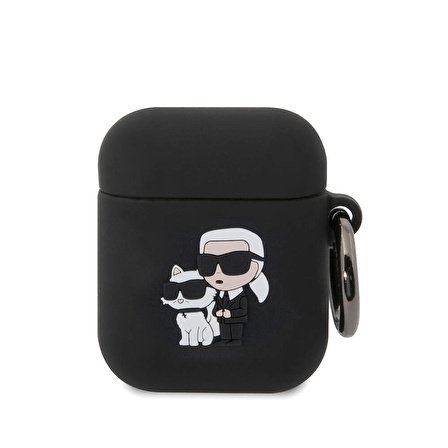 Airpods Uyumlu Kılıf Karl Lagerfeld Orjinal Lisanslı Karl&Choupette 3D Silikon Siyah