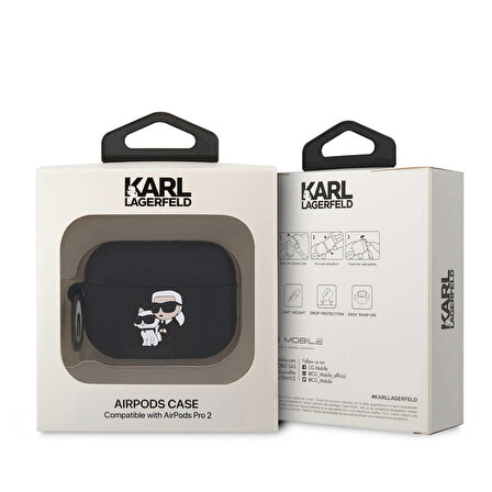 Airpods Pro 2 Uyumlu Kılıf Karl Lagerfeld Orjinal Lisanslı Karl&Choupette 3D Silikon Siyah
