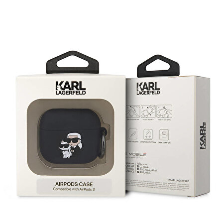 Airpods 3. Nesil Uyumlu Kılıf Karl Lagerfeld Orjinal Lisanslı Karl&Choupette 3D Silikon Siyah