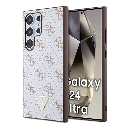 Galaxy S24 Ultra Uyumlu Kılıf Guess Lisanslı PU Üçgen Logo 4G Desenli Kapak Beyaz