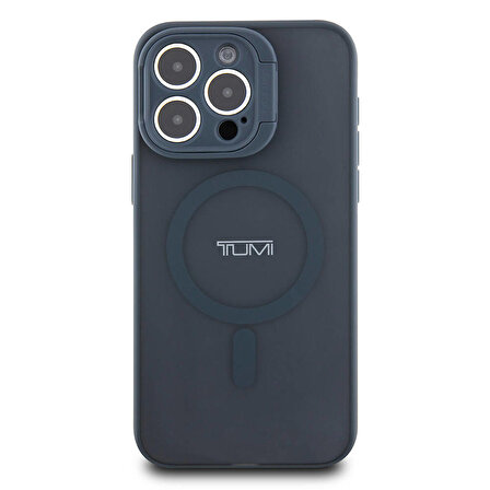 iPhone 15 Pro Uyumlu Kılıf TUMI Lisanslı Magsafe Şarj Özellikli Kamera Standlı Buzlu Mat Kapak Mavi