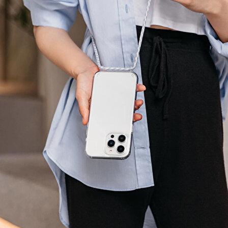 iPhone 14 Pro Max Kılıf Boyun Askılı Şok Önleyicili Şeffaf Lisanslı Switcheasy Play Kapak Pembe