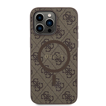 iPhone 15 Pro Max Uyumlu Kılıf Guess Lisanslı Magsafe 4G Desenli Yazı Logolu Kapak Kahverengi