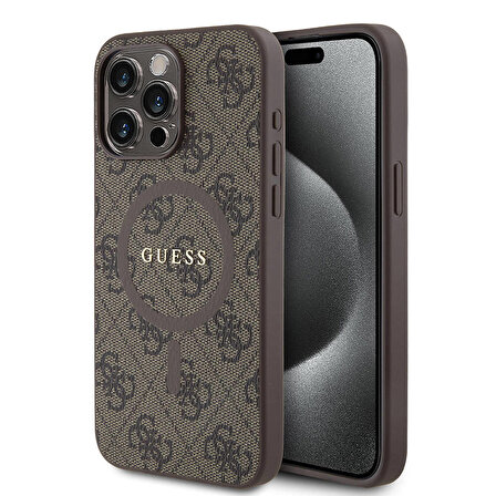 iPhone 15 Pro Max Uyumlu Kılıf Guess Lisanslı Magsafe 4G Desenli Yazı Logolu Kapak Kahverengi