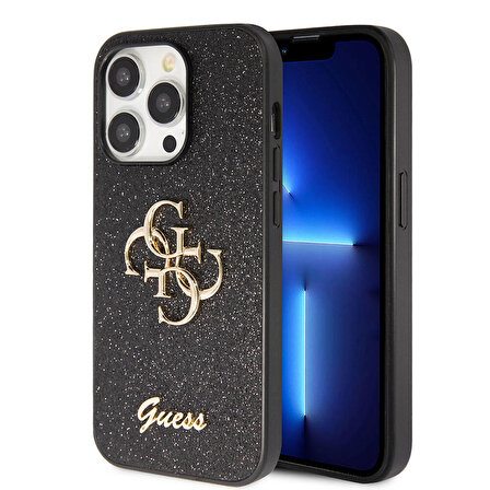 iPhone 14 Pro Max Uyumlu Kılıf Guess Orjinal Lisanslı 4G Büyük Metal Logolu Glitter Kapak Siyah