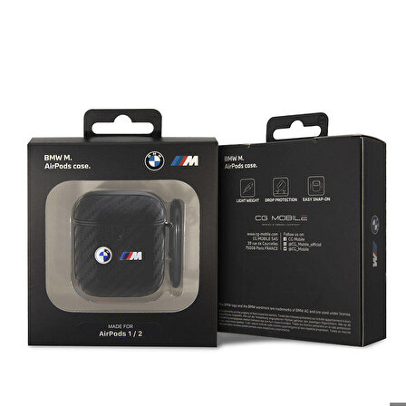 Airpods Uyumlu Kılıf BMW Orjinal Lisanslı PU Karbon Fiber Tasarımlı Çift Metal Logolu Siyah