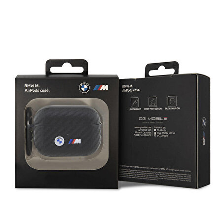Airpods Pro 2 Uyumlu Kılıf BMW Orjinal Lisanslı PU Karbon Fiber Tasarımlı Çift Metal Logolu Siyah