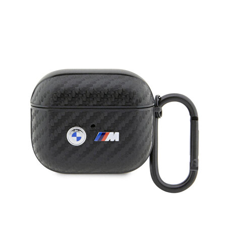 Airpods 3.Nesil Uyumlu Kılıf BMW Orjinal Lisanslı PU Karbon Fiber Tasarımlı Çift Metal Logolu Siyah