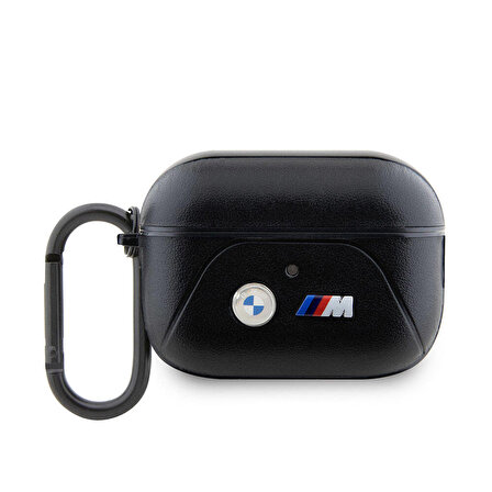 Airpods Pro 2 Uyumlu Kılıf BMW Lisanslı PU Deri Tasarımlı 3 Renk Çizgili Çift Metal Logolu Siyah